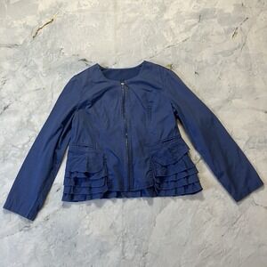 Logo Jacket Instant Chic Size L Blue Zip Up Long Sleeve Eyelet Embroidery Ruffle